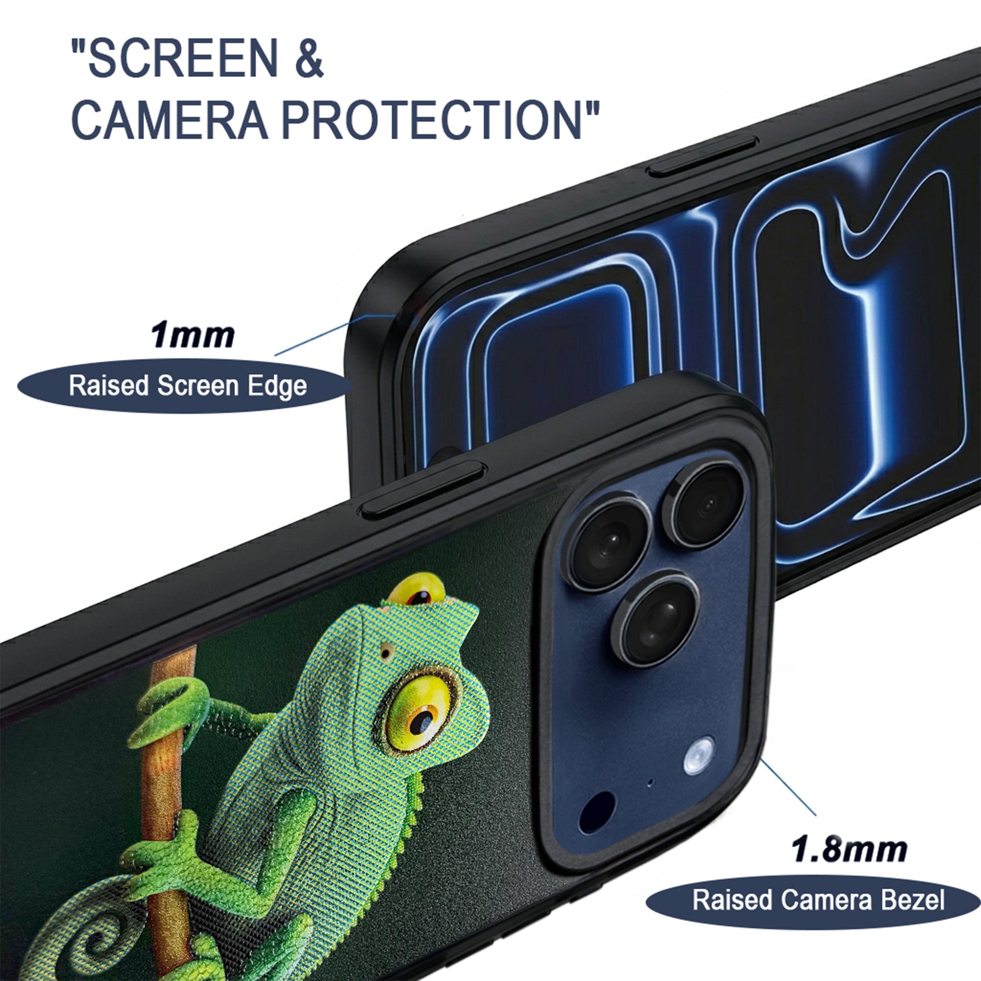 Chameleon iPhone 17 Pro Max case with 1 mm screen edge and 1.8 mm raised camera bezel