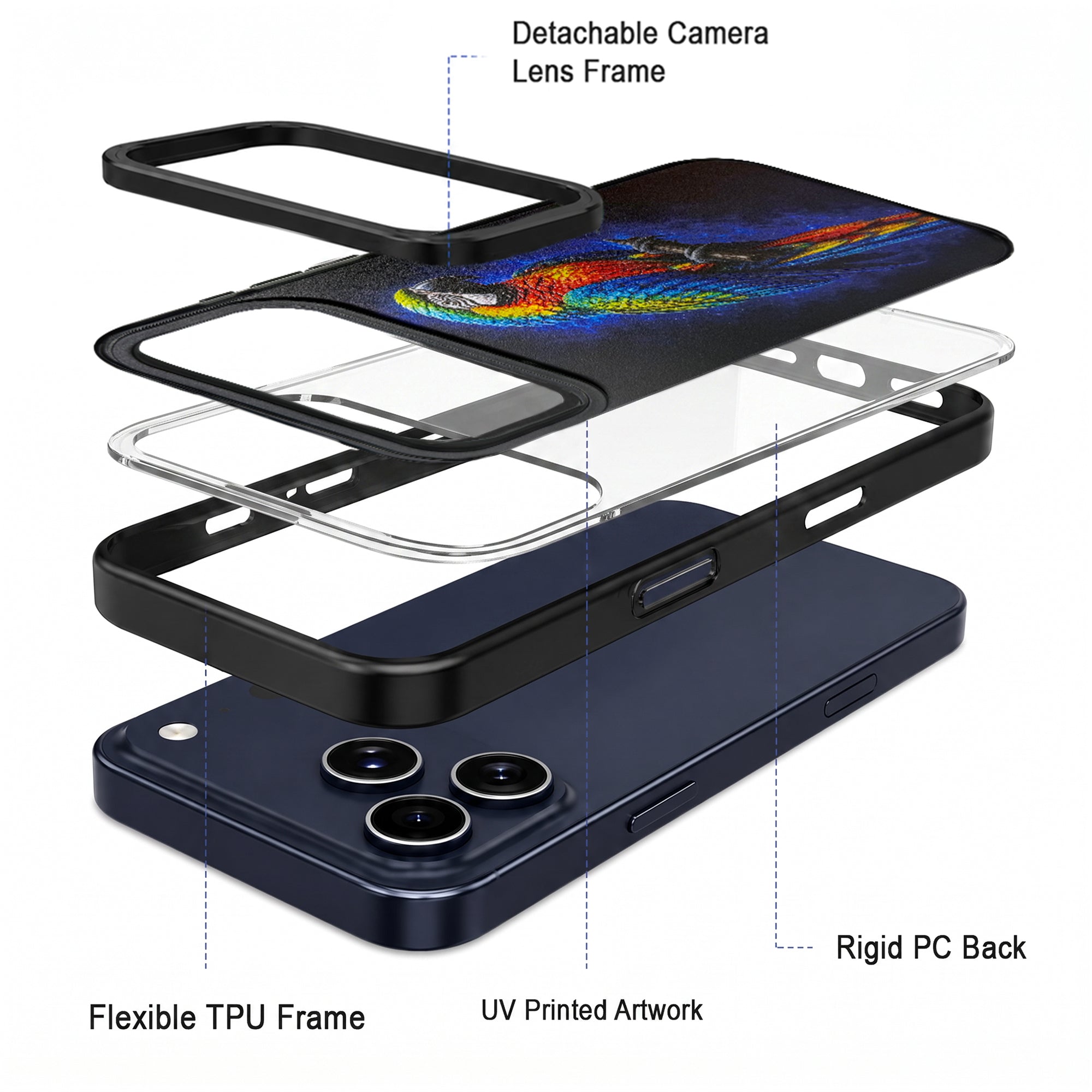 Parrot iPhone 17 Pro Max case with rigid PC back, flexible TPU frame and UV-printed artwork