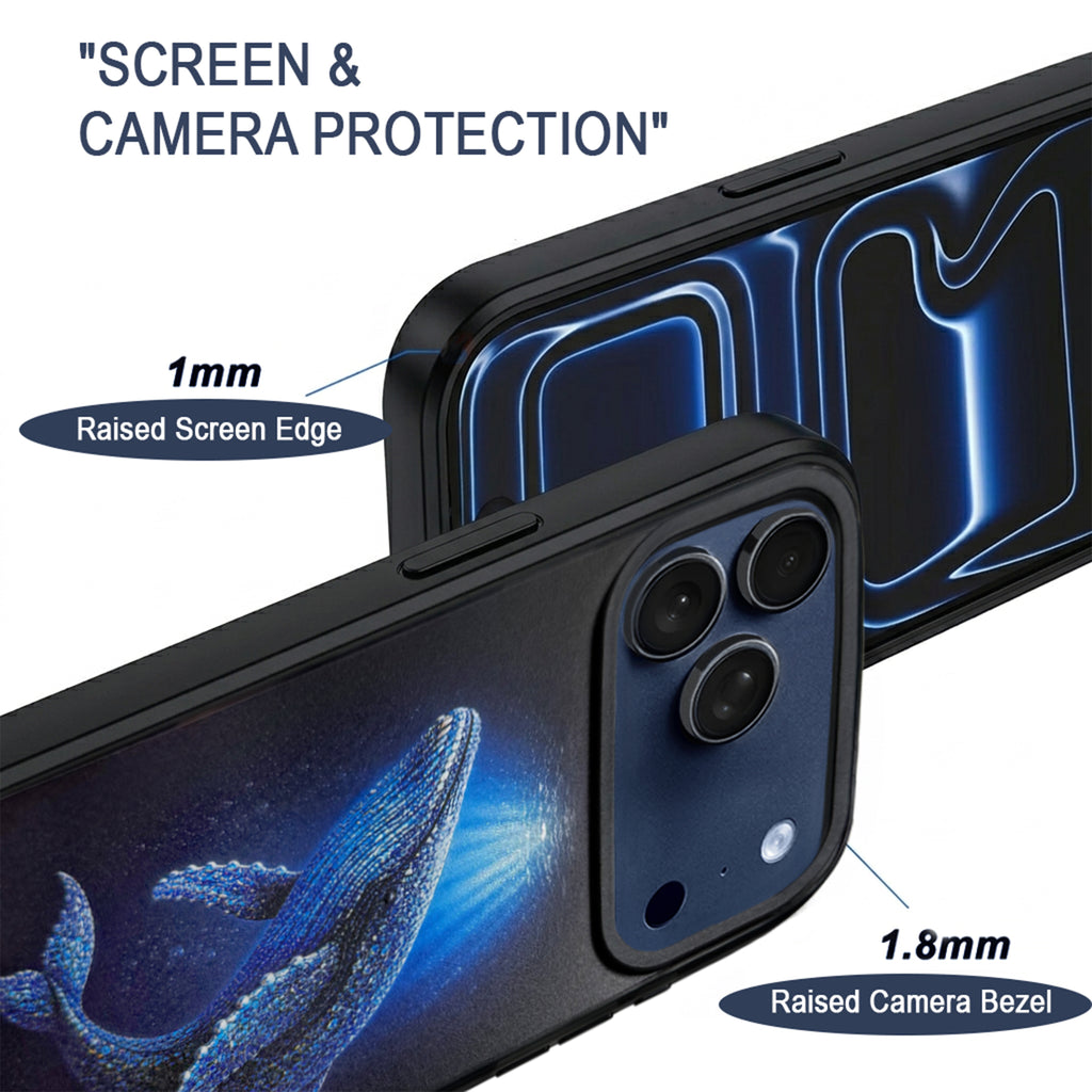 Whale iPhone 17 Pro Max case with 1 mm screen edge and 1.8 mm raised camera bezel